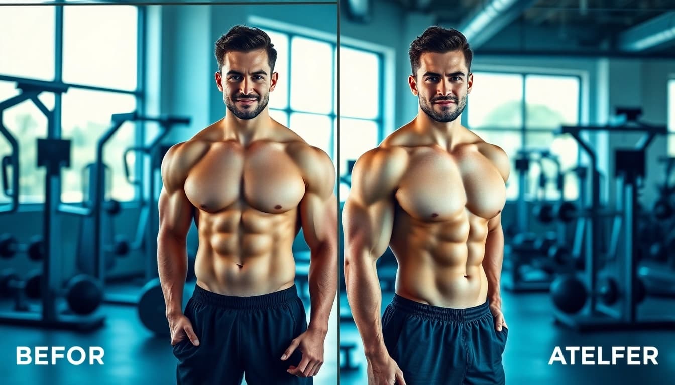 Testo vorher nachher Fitness-Veränderung in einem modernen Fitnessstudio mit inspirierender Atmosphäre.
