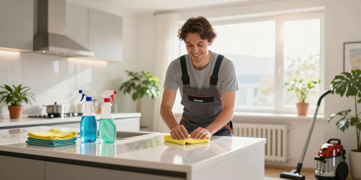 Expert cleaner performing wohnungsendreinigung bern in a bright, modern kitchen.