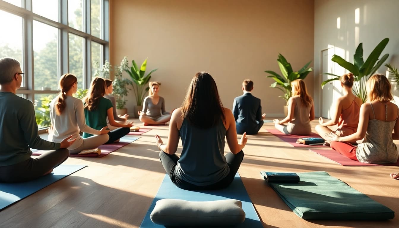 In einer inspirierenden Umgebung teilnehmen an spirituellen Seminaren mit meditierenden Personen.