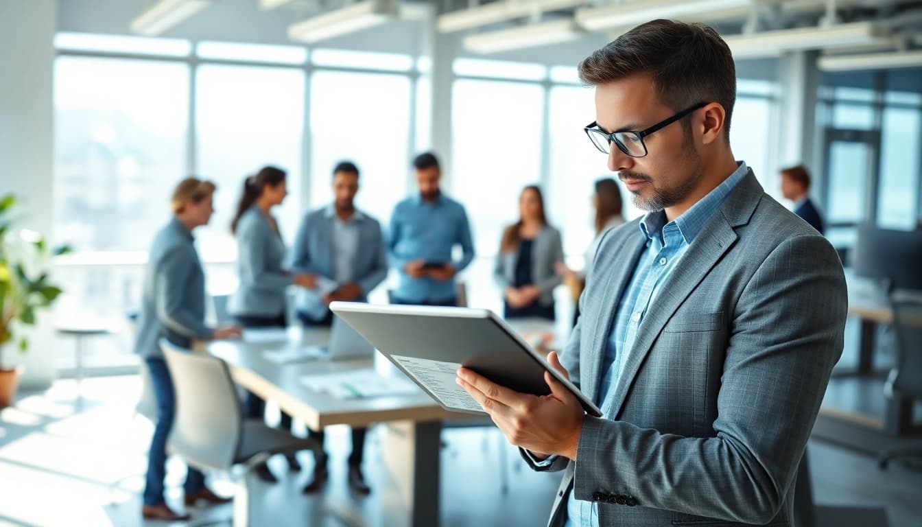 Headhunter Ingenieure reviewing resumes in a dynamic office setting with engineers collaborating.