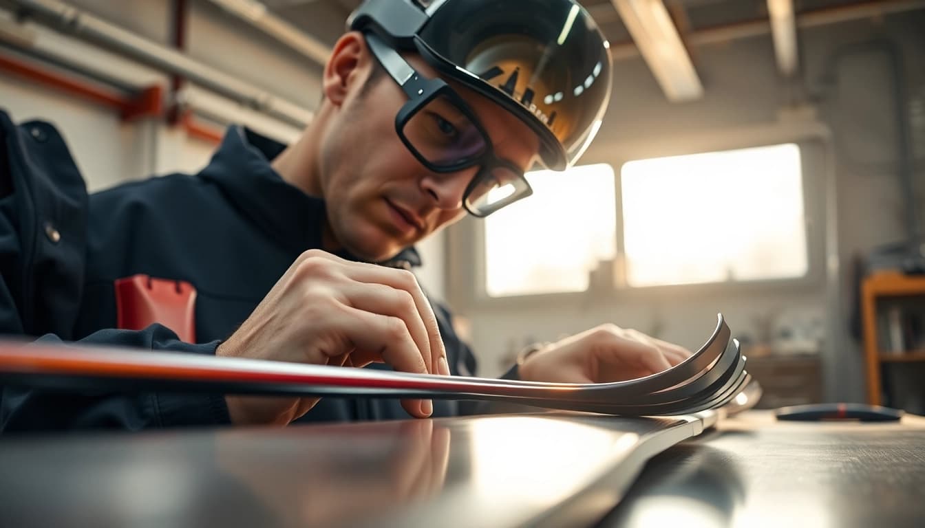 Techniker überprüft präzise Auto Kufen zur Qualitätssicherung.