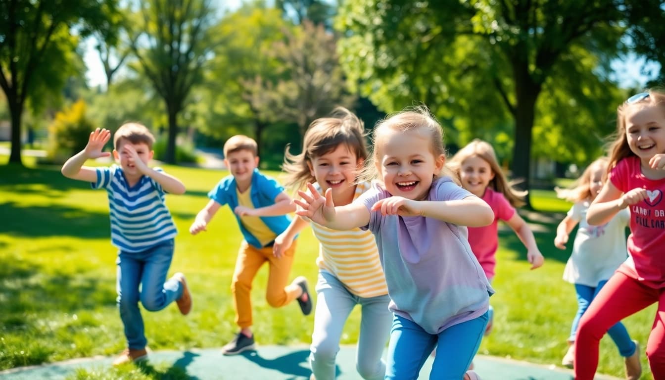 Details jetzt lesen: Kinder spielen energiegeladene Bewegungsspiele im Park.