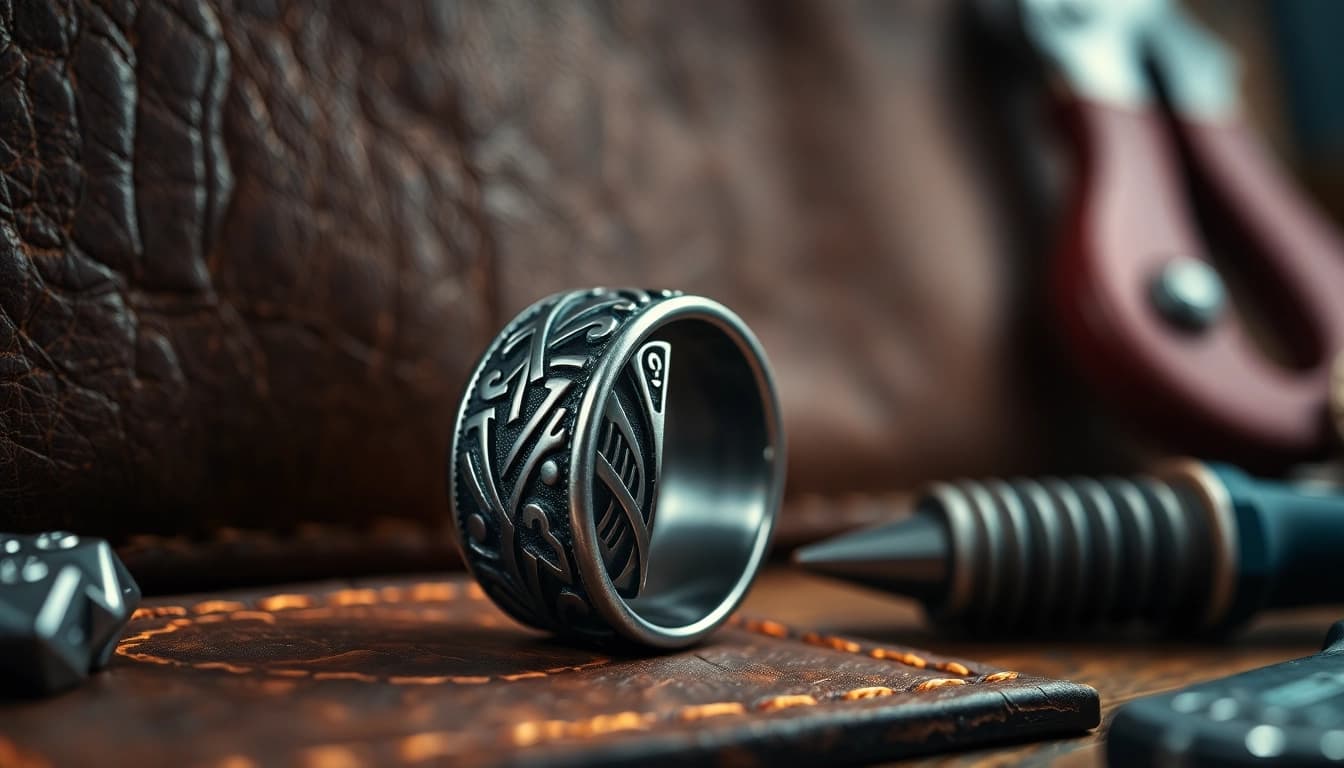 Biker ring mit einzigartigem Design auf einem rauen Lederhintergrund.