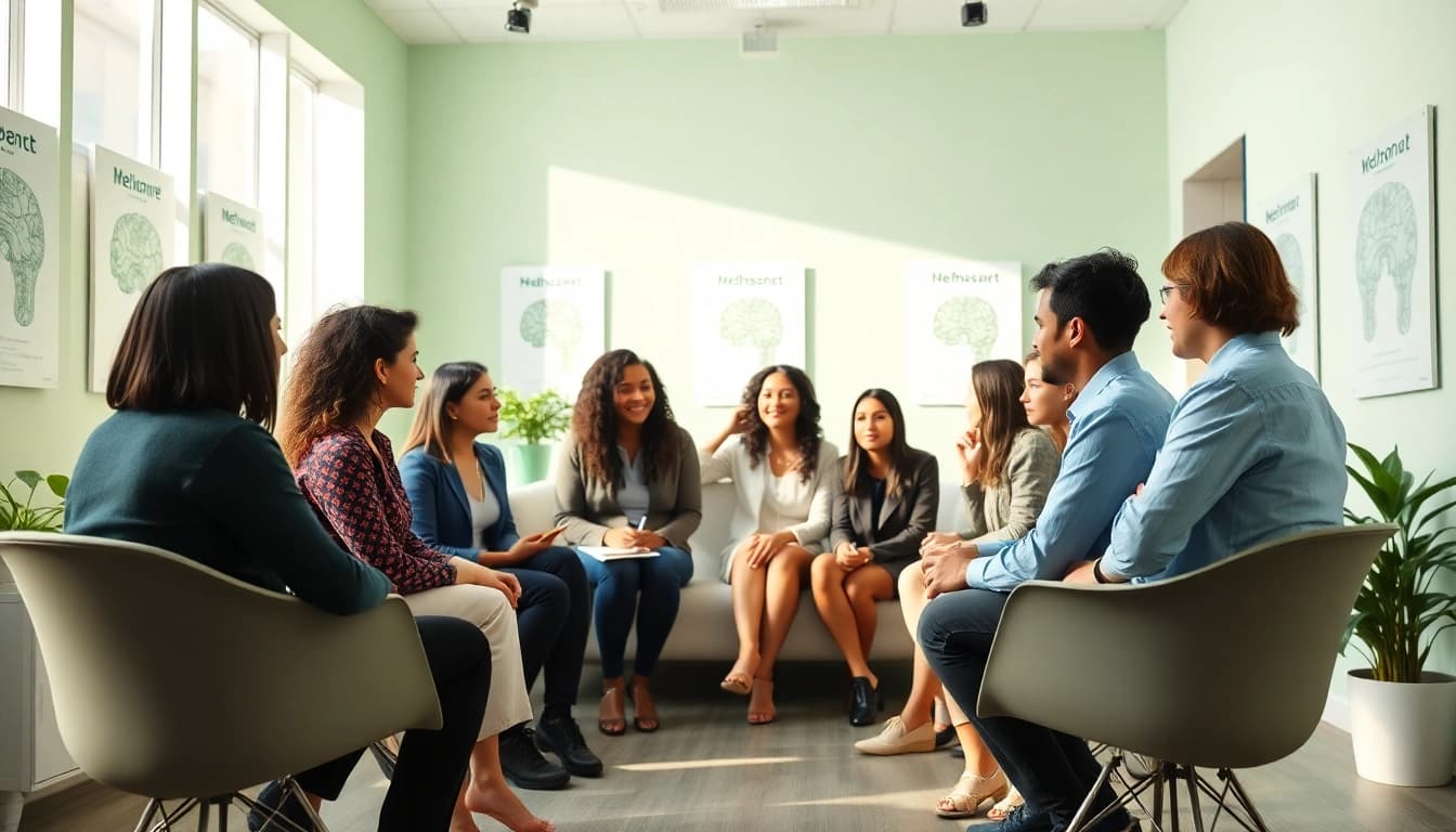 Engaging scene promoting mental health awareness with diverse individuals communicating.