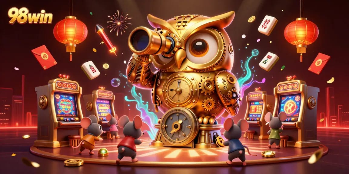 Experience the excitement of 98win with a dynamic illustration of a golden owl overseeing a lively casino scene.