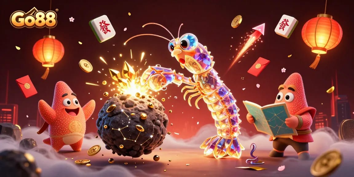 Experience the thrill of Go88 with a galactic mantis shrimp punching gems and coins while a starfish navigates through a cosmic adventure