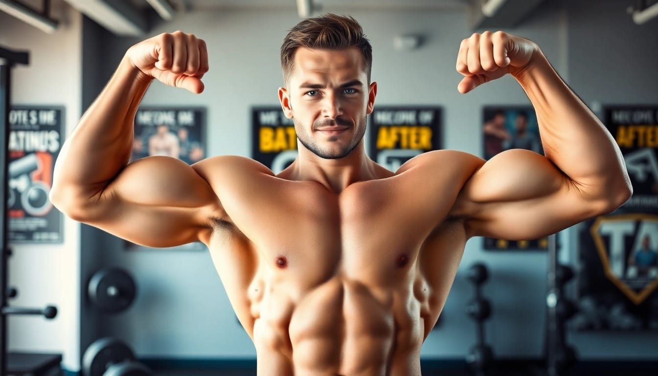 Das Bild zeigt testo vorher nachher Ergebnisse eines männlichen Fitnessmodells im Fitnessstudio.
