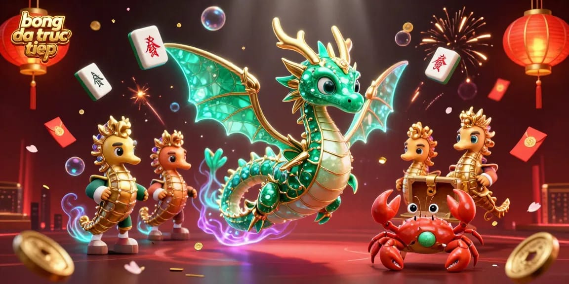 Bong da truc tiep illustration showcasing a sea dragon and treasures amid vibrant casino symbols.