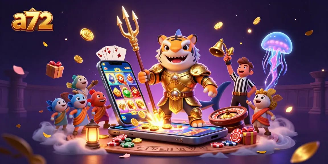 A72 showcases lively underwater casino action with a tiger shark, cheering fish, and vibrant slot games.