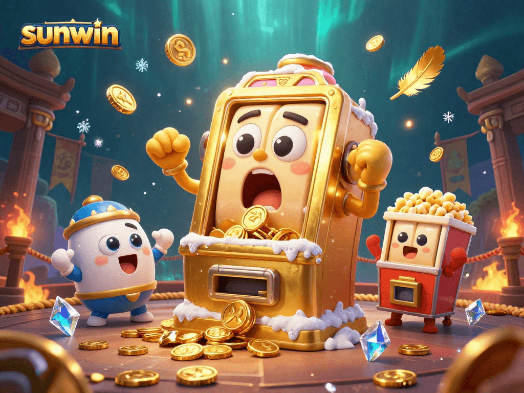 Sunwin slot machine celebrates jackpot win with cheerful companions and magical elements.