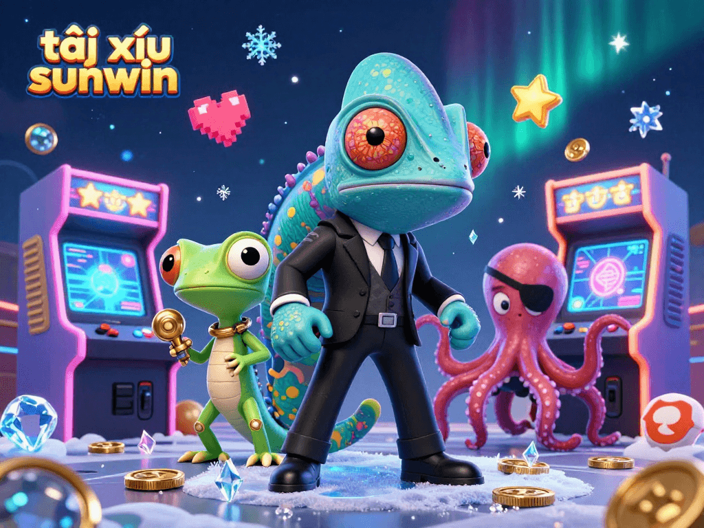 Engage with tài xỉu sunwin in a vibrant casino-themed 3D illustration featuring dynamic characters and game elements.