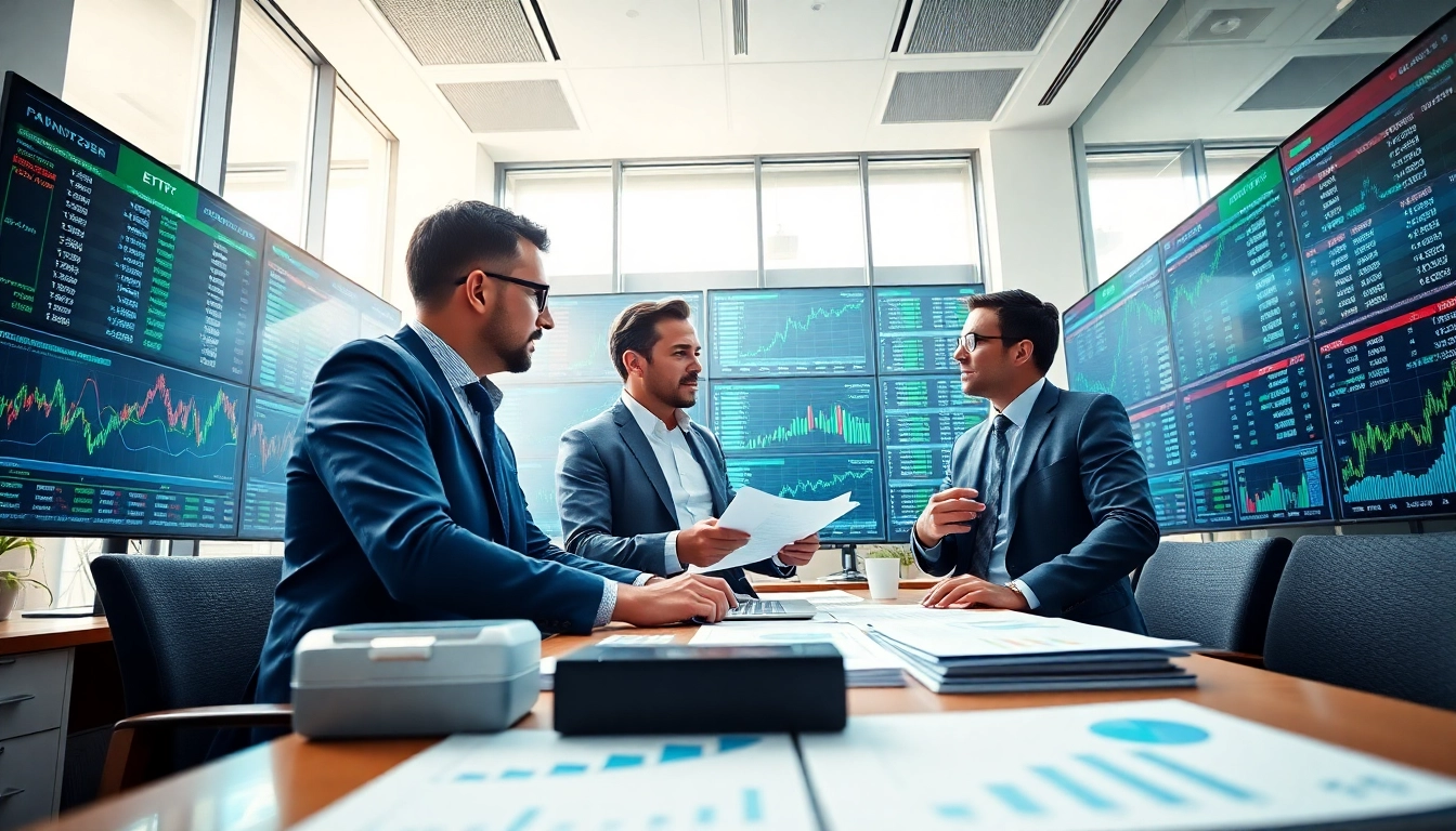 Diskussion über ETF-Strategien zwischen Finanzanalysten in einem modernen Büro.