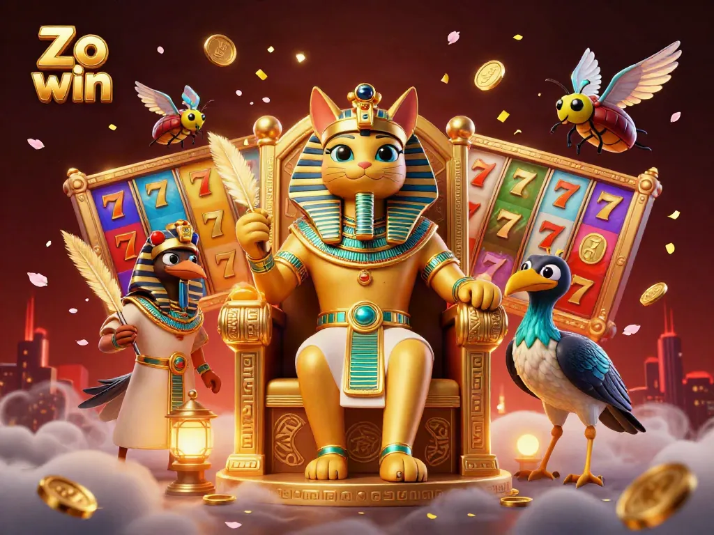 Engage in Zo win, spinning slot reels amidst an exciting casino atmosphere filled with golden coins and vibrant decorations