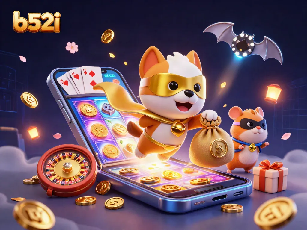 Experience thrilling gameplay with b52i in this vibrant casino-themed 3D illustration full of action.
