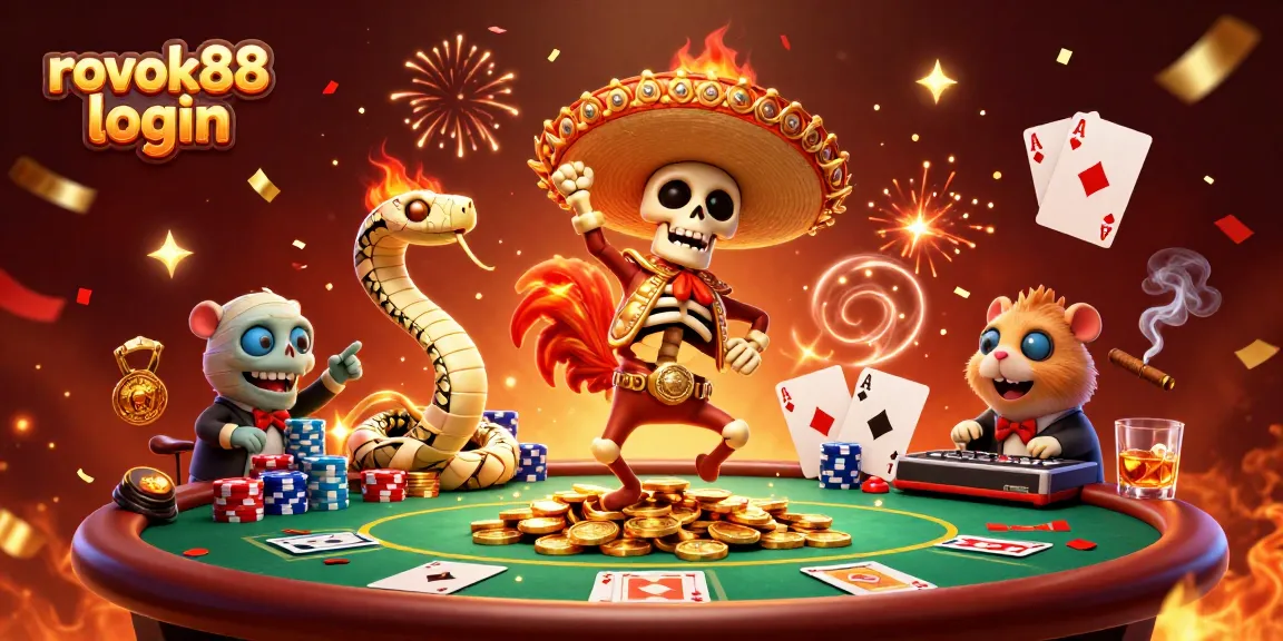 Join the excitement at rokok88 login with a lively illustration of a skeleton mariachi rooster winning at poker.