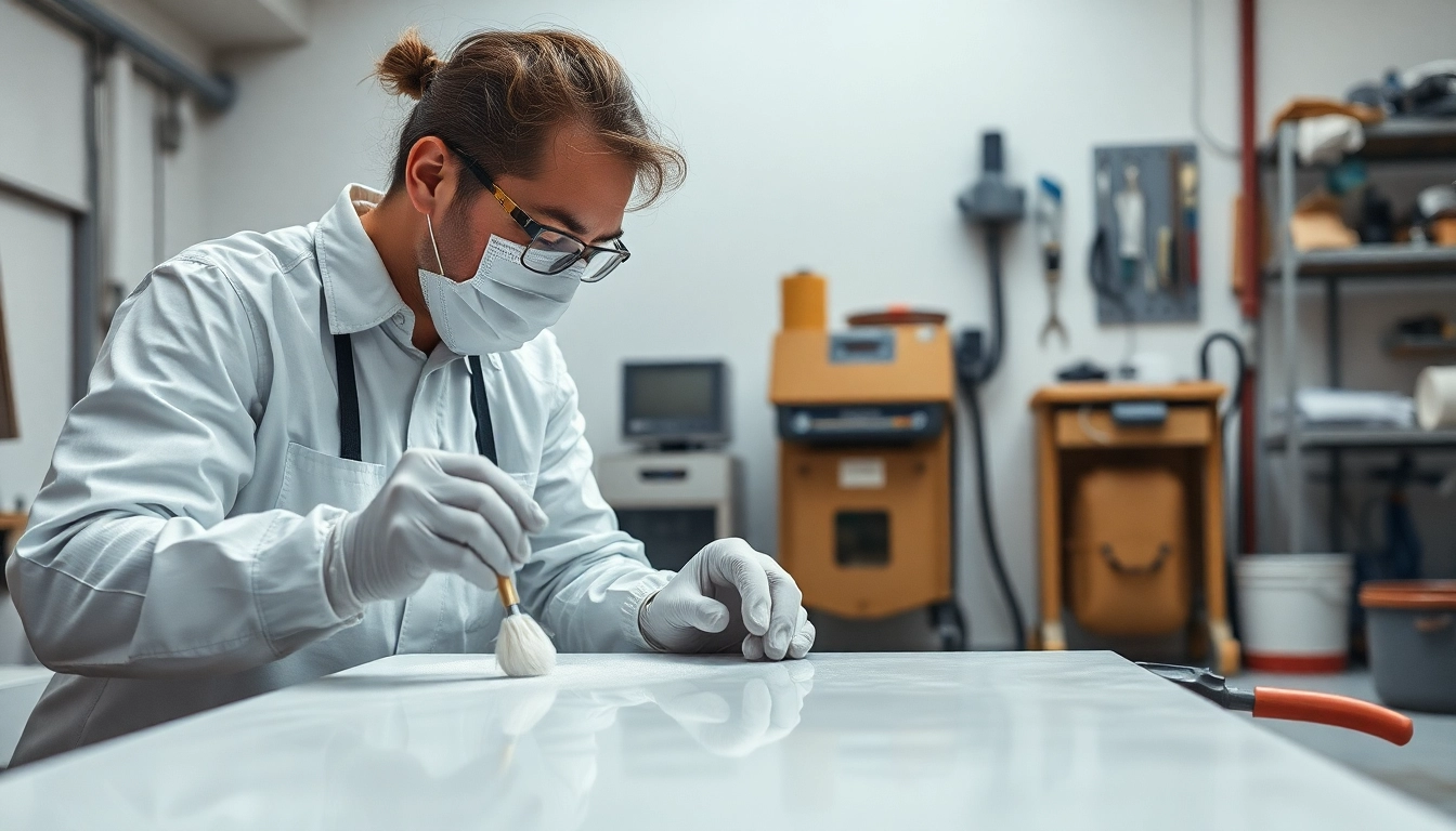 Techniker beschichtet eine Fläche mit flüssigdichtung in einer professionellen Werkstattumgebung.