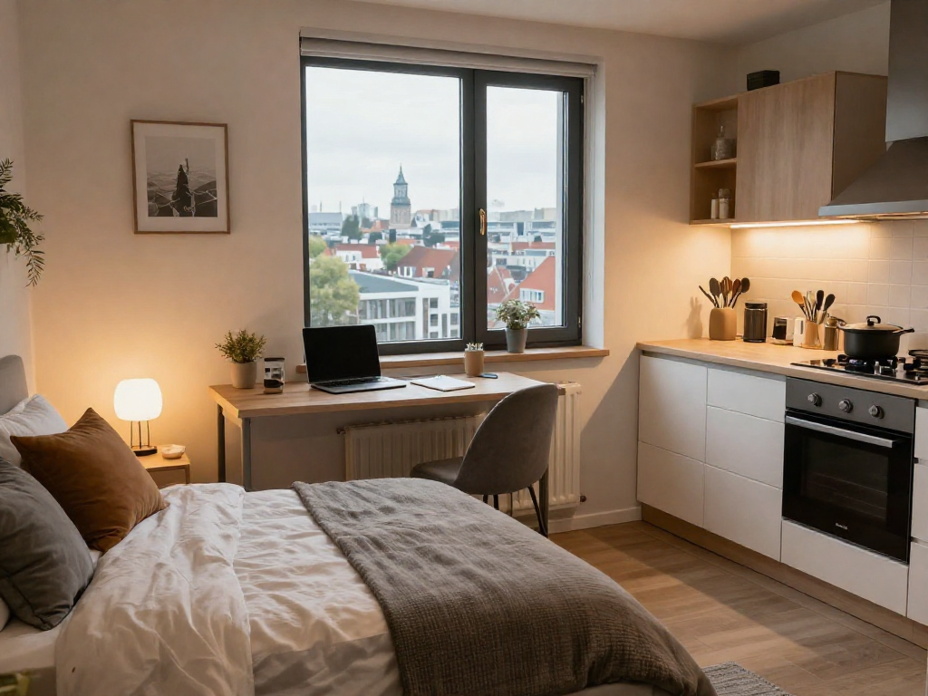 Komfortables Monteurzimmer in Hannover mit modernen Möbeln, gut ausgestatteter Küche und einladender Atmosphäre.