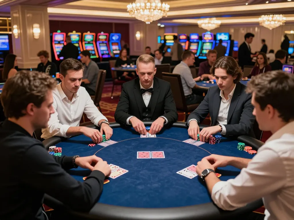 cm88 players strategizing in a high-stakes poker game at an upscale casino
