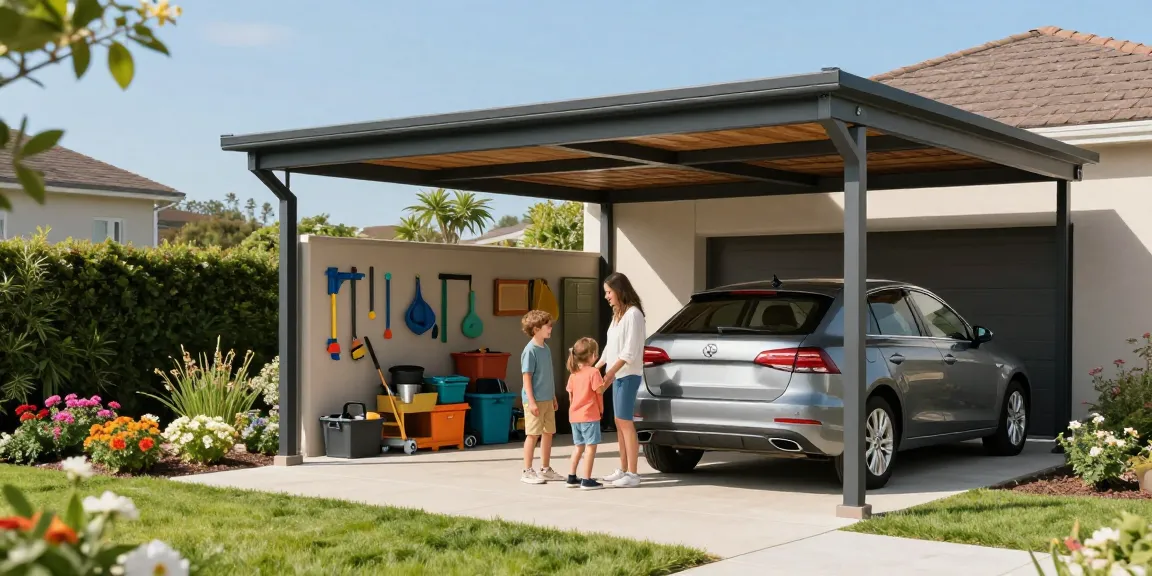 Moderne Carport-Lösung, die Autos vor Sonne und Regen schützt, umgeben von einem schönen Garten.