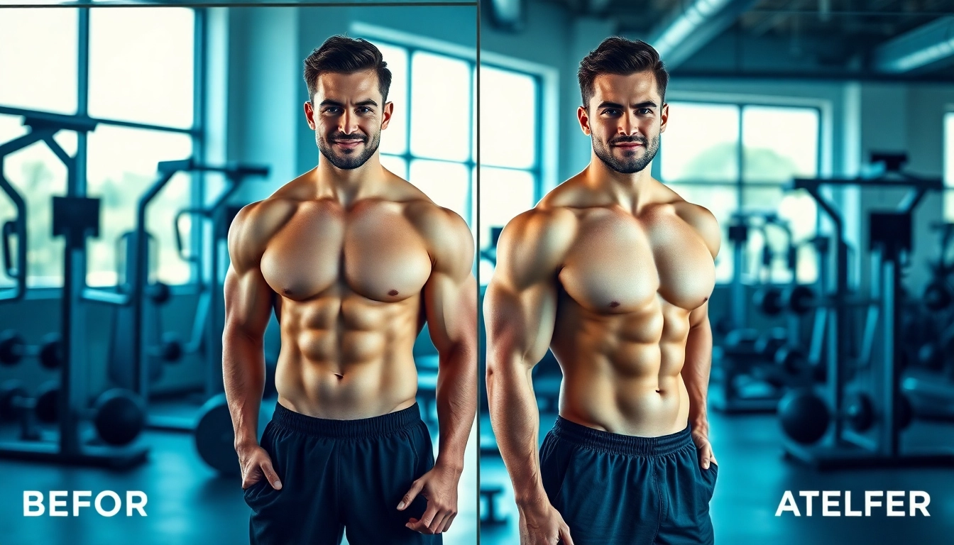 Testo vorher nachher Fitness-Veränderung in einem modernen Fitnessstudio mit inspirierender Atmosphäre.