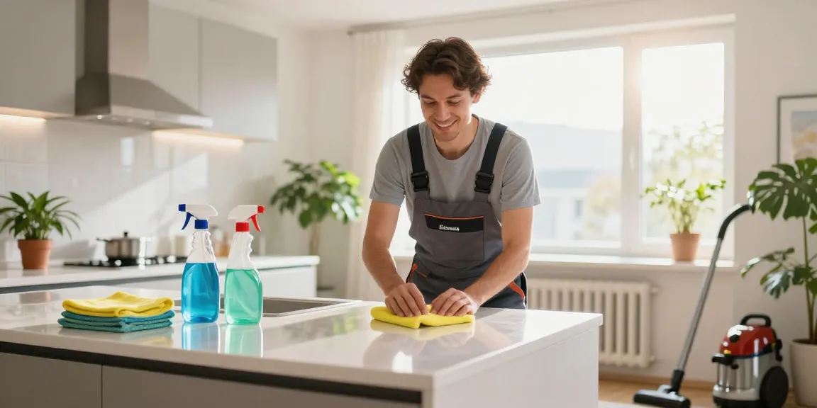 Expert cleaner performing wohnungsendreinigung bern in a bright, modern kitchen.