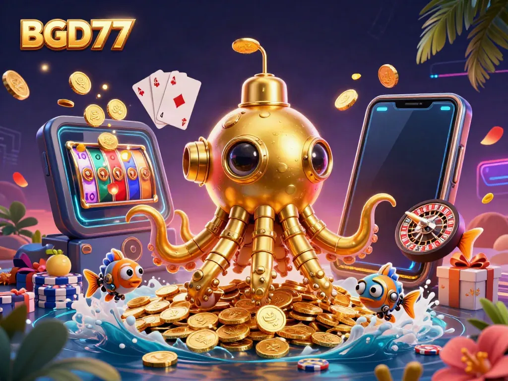 Engage with BGD77's thrilling casino adventure featuring a golden kraken submarine and exciting game elements.