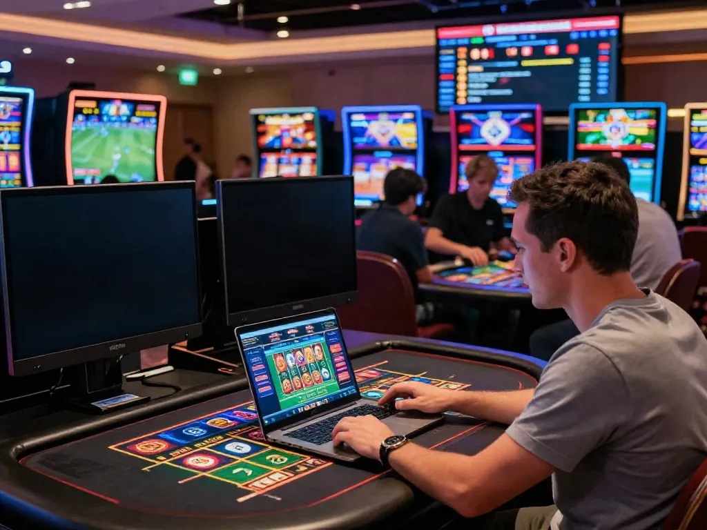 Engaging online casino experience at RIKVIP with players enjoying live dealer games and vibrant slot machines.