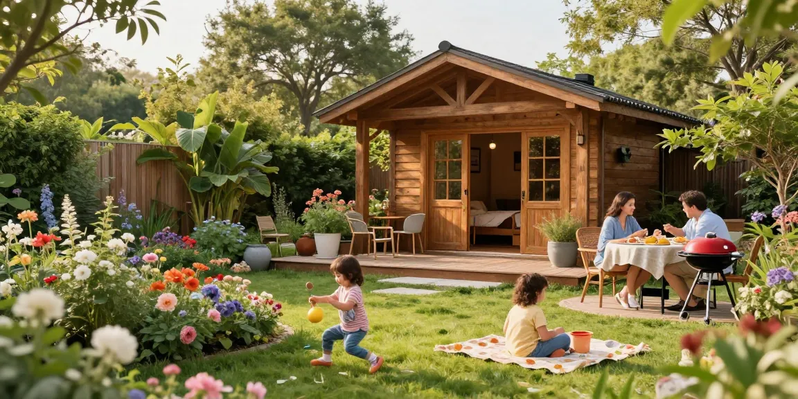 Schönes Gartenhaus umgeben von blühenden Pflanzen und spielenden Kindern.