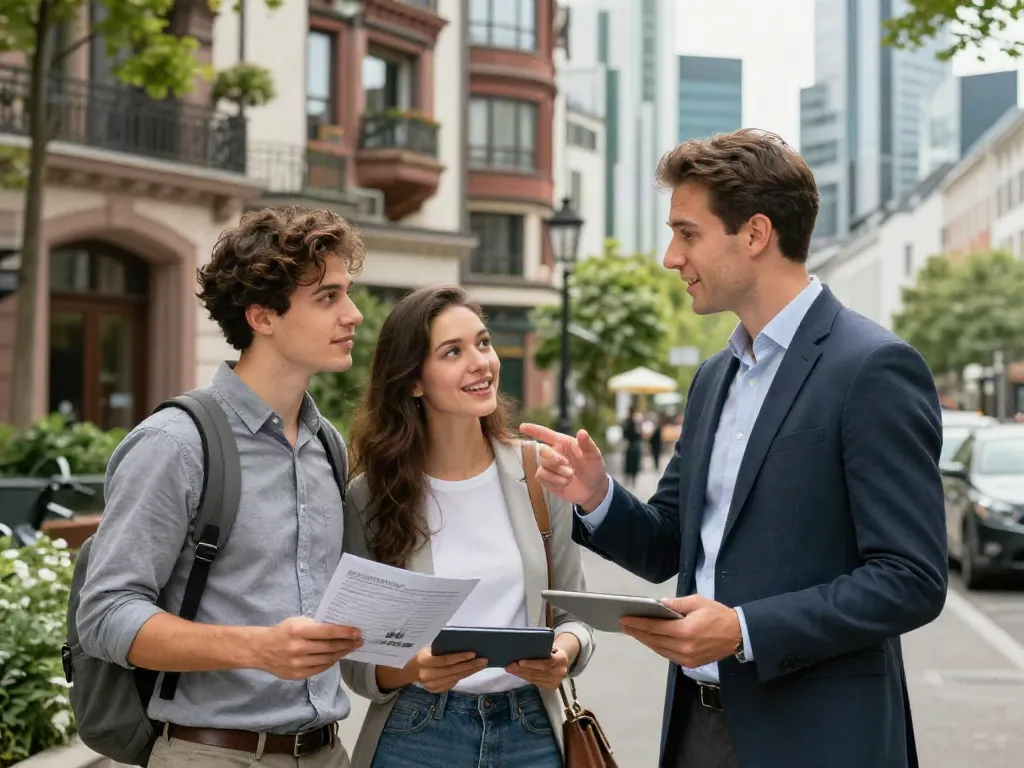 Bester Immobilienmakler Frankfurt erklärt Paar die Immobilie in einer lebhaften urbanen Umgebung.