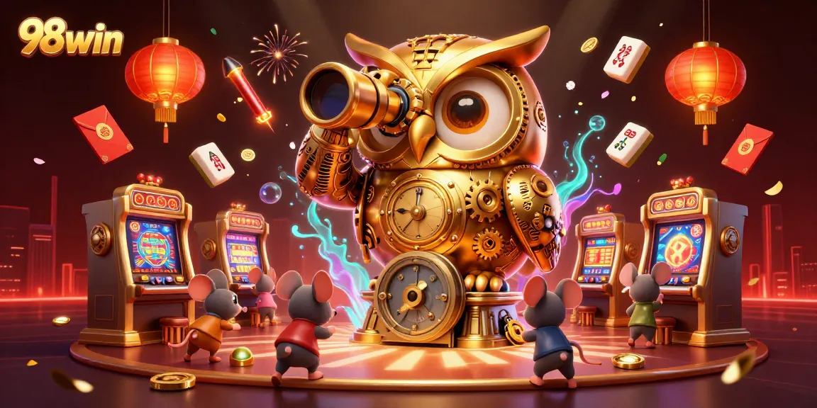 Experience the excitement of 98win with a dynamic illustration of a golden owl overseeing a lively casino scene.