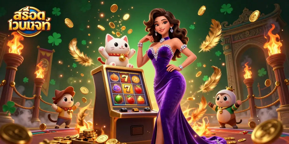 Win at สล็อตเว็บตรงแท้ with immersive slot machine jackpot scenes featuring vibrant characters and dynamic visuals.