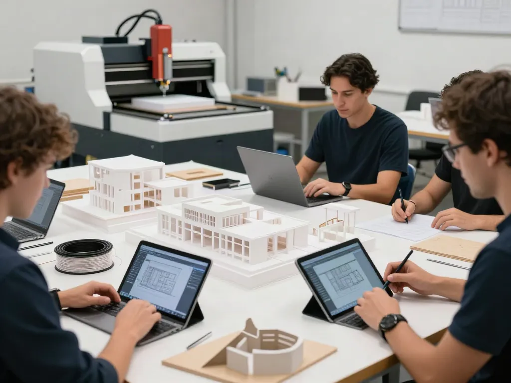 Professionelle 3D-Druck und CNC-Fräsen Architekturmodell Werkstatt mit Team bei der kreativen Modellierung