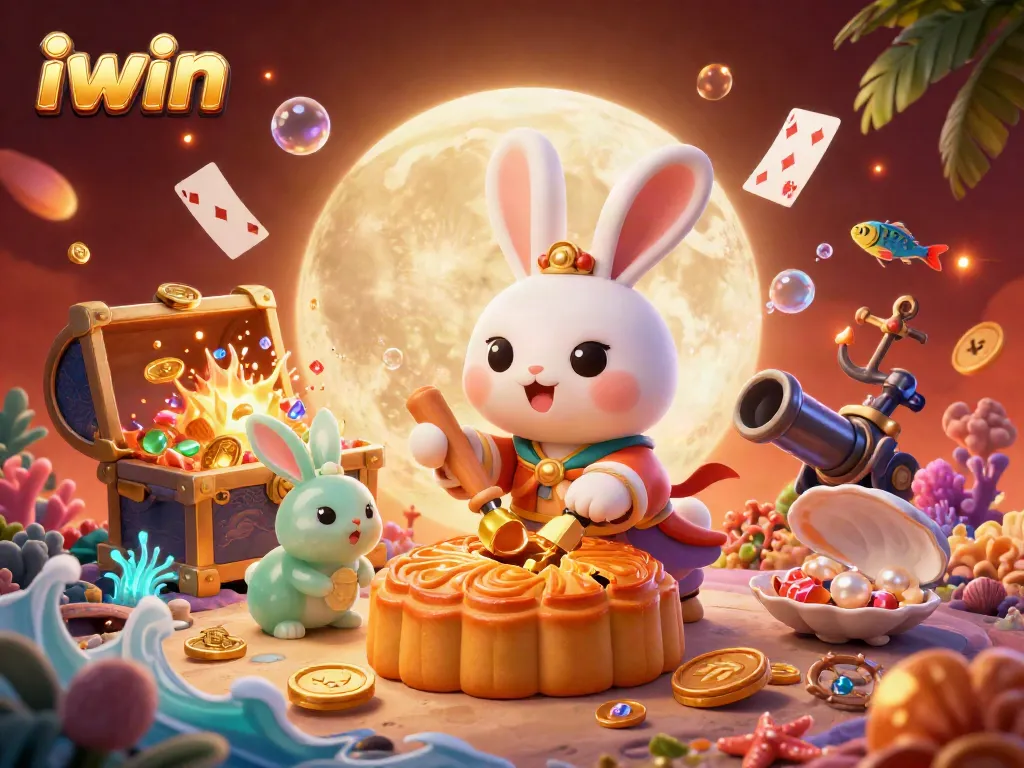 iwin casino illustration with moon rabbit and poker chips creates a playful gaming atmosphere.