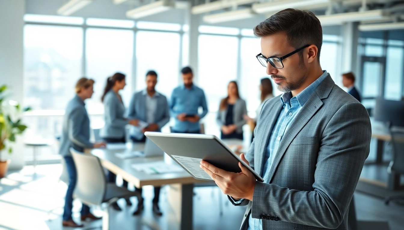 Headhunter Ingenieure reviewing resumes in a dynamic office setting with engineers collaborating.