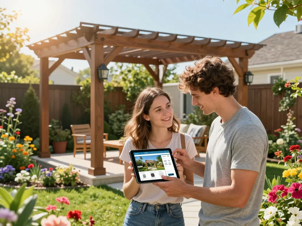 Pergola Konfigurator 3D in Aktion, Paar passt Designs in einer üppigen Gartenumgebung an