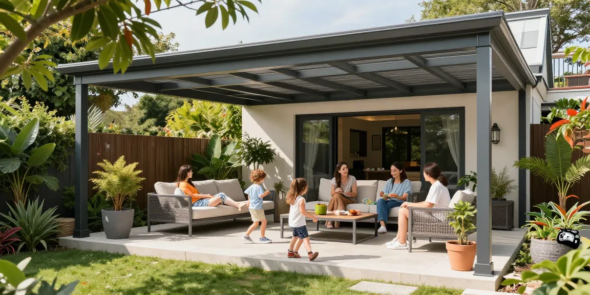 Freistehende Terrassenüberdachung für Genuss im Garten mit Familie in sonniger Atmosphäre.