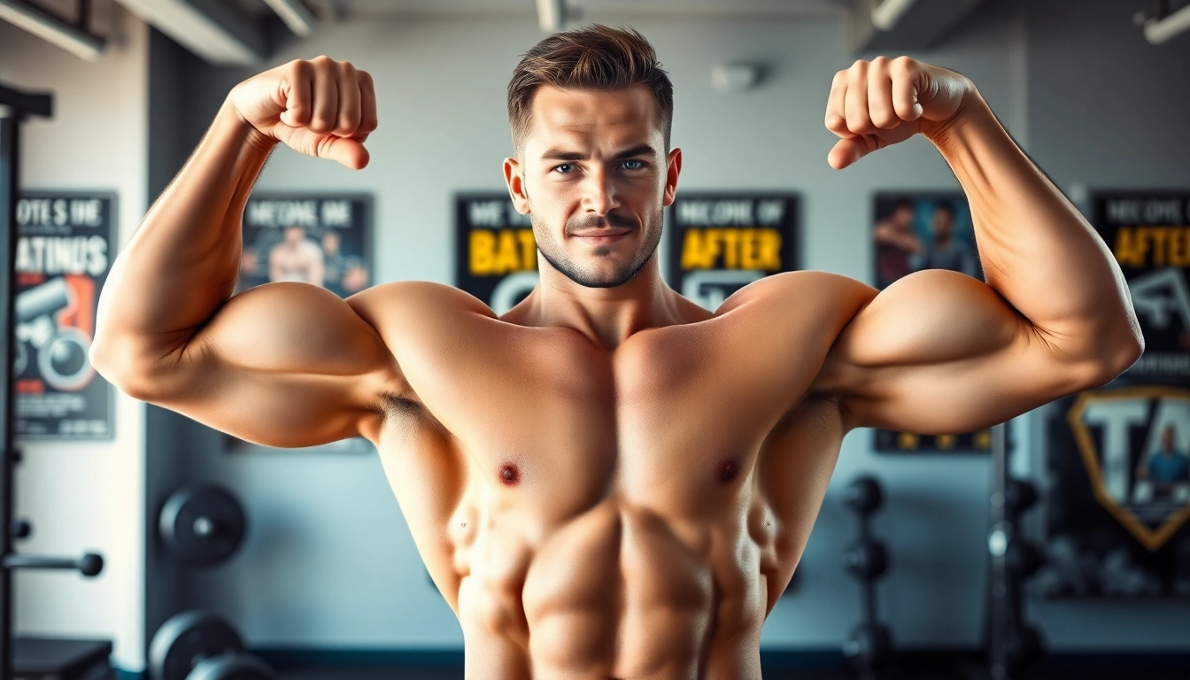 Das Bild zeigt testo vorher nachher Ergebnisse eines männlichen Fitnessmodells im Fitnessstudio.