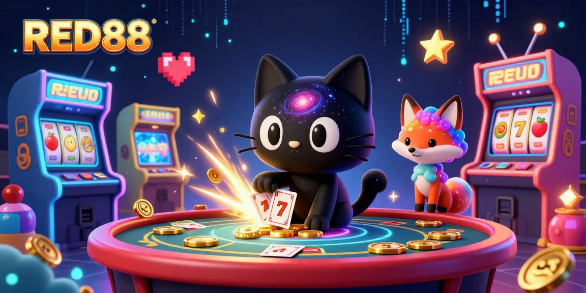 Engage with RED88 at this cosmic casino featuring a black hole cat and colorful game elements.