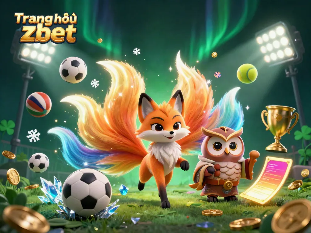 Engage in thrilling sports betting with Trang chủ zbet, showcasing colorful fox spirit, wise owl, and dynamic game elements.