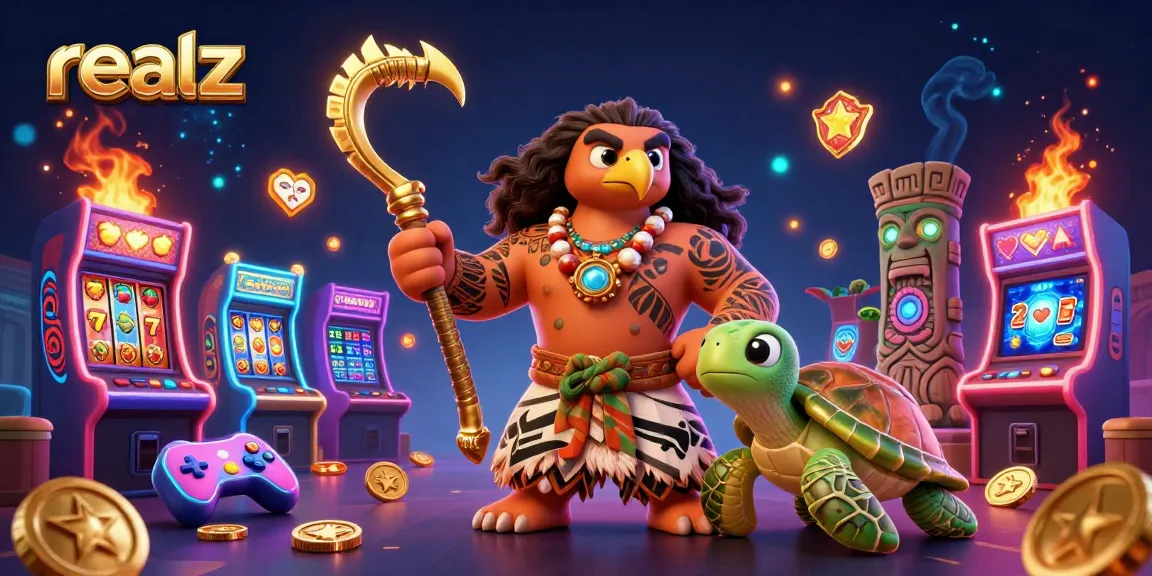 Play realz slot games surrounded by a cartoon Polynesian hawk and casino-themed elements.