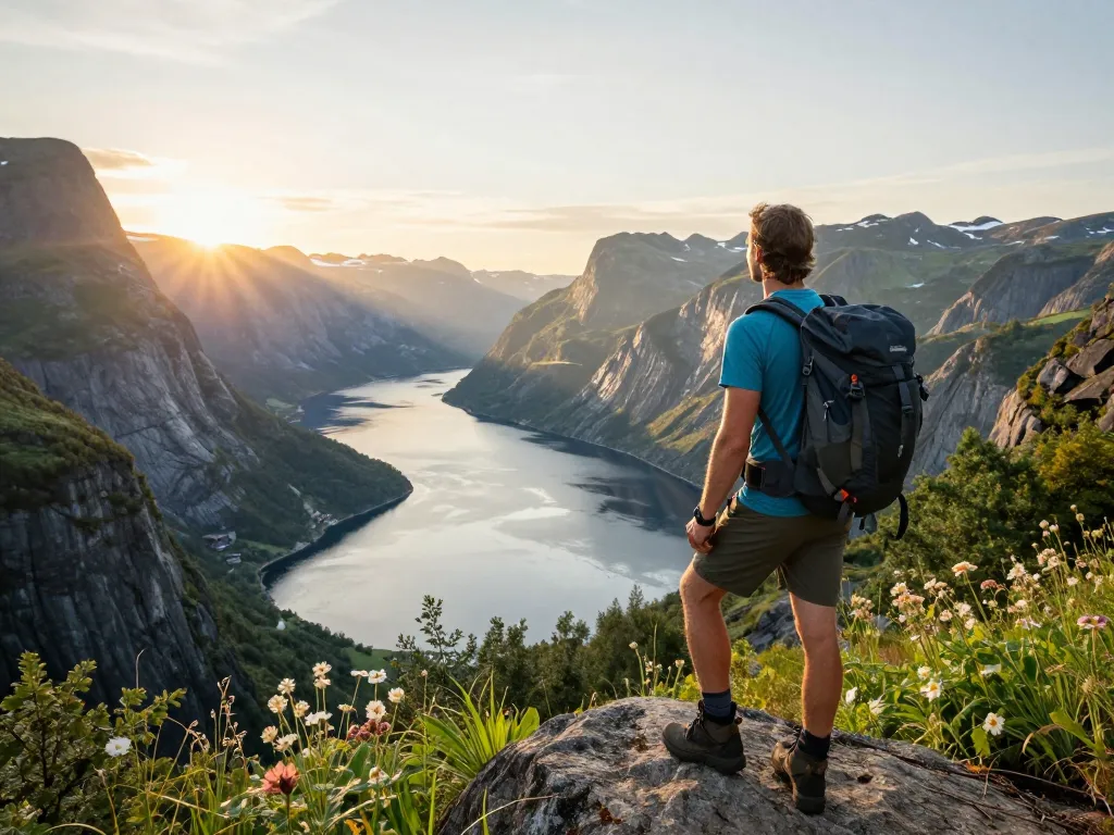 Reisender bewundert die atemberaubenden Fjorde während seines Urlaub in Skandinavien Abenteuer, umgeben von majestätischen Bergen und ruhigen Gewässern.
