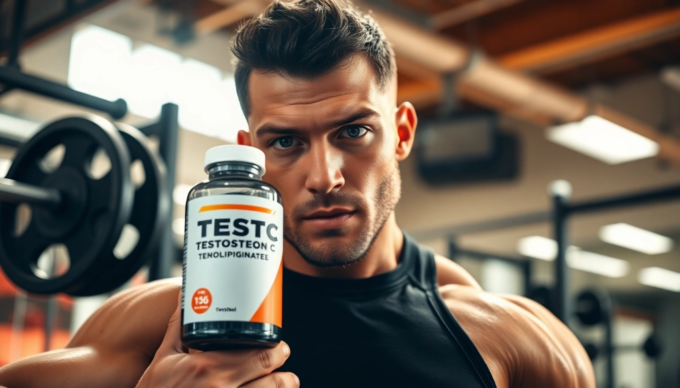 Testobal C Testosteron Cypionate präsentiert von einem fitten Athleten im Fitnessstudio.