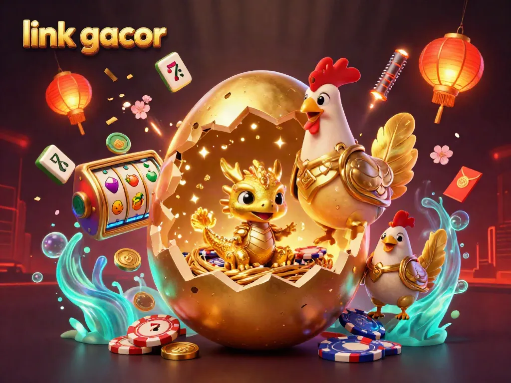 Spin the reels with link gacor, featuring a dazzling baby dragon and golden poker chips.