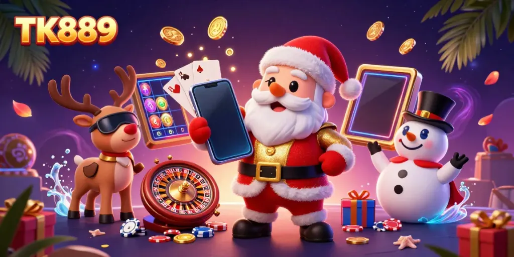 Experience thrilling gameplay at TK889 with Santa and friends in a vibrant casino setting.
