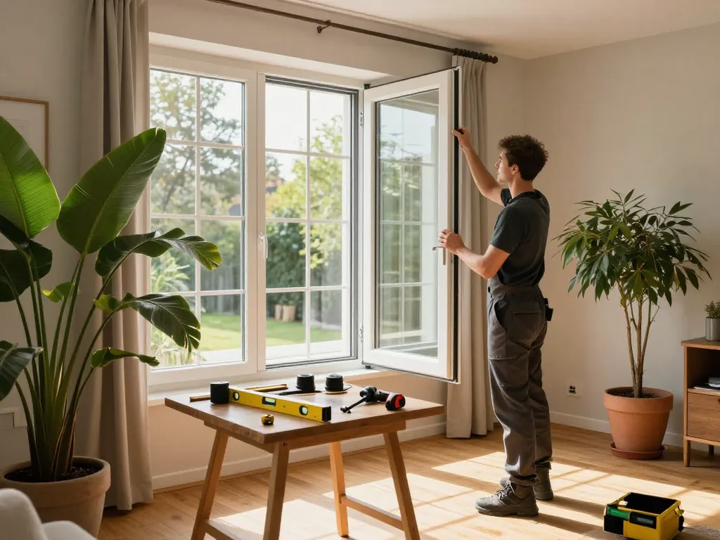 Fachmann, der die Fensterbau Köln Fensterinstallation in einem sonnendurchfluteten Raum durchführt.