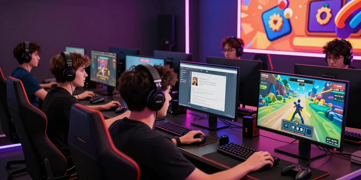Engaged players enjoying online games at https://gemwin.pics/, with colorful screens and vibrant gaming accessories.