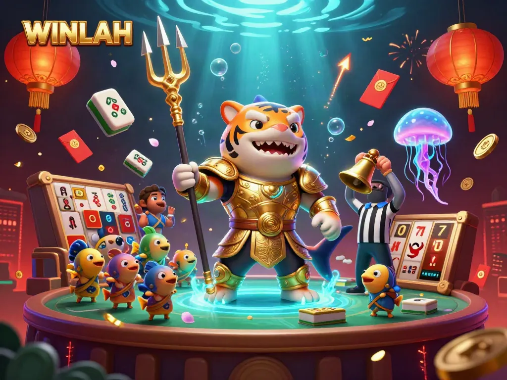 WINLAH showcases a striking underwater colosseum scene with a tiger shark and festive elements, embodying excitement.