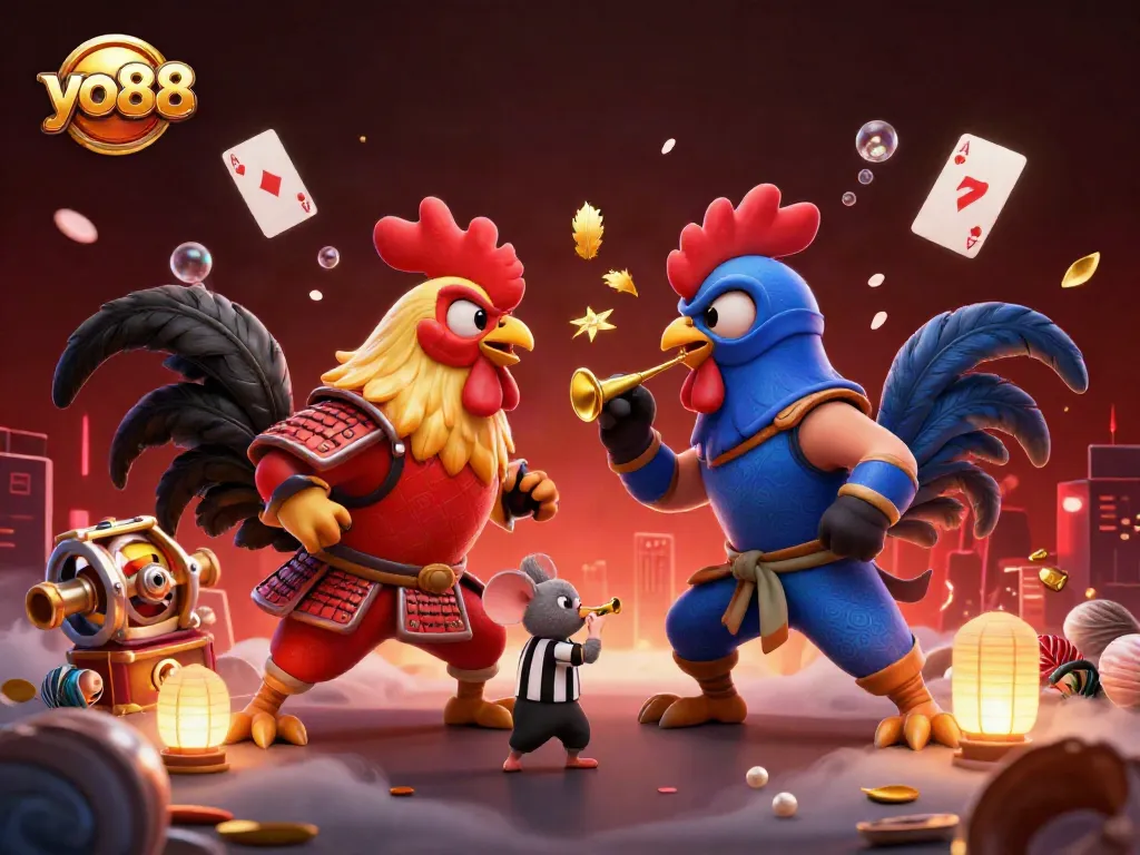 Experience thrilling action at yo88 with animated roosters and casino treasures in a dynamic showdown.