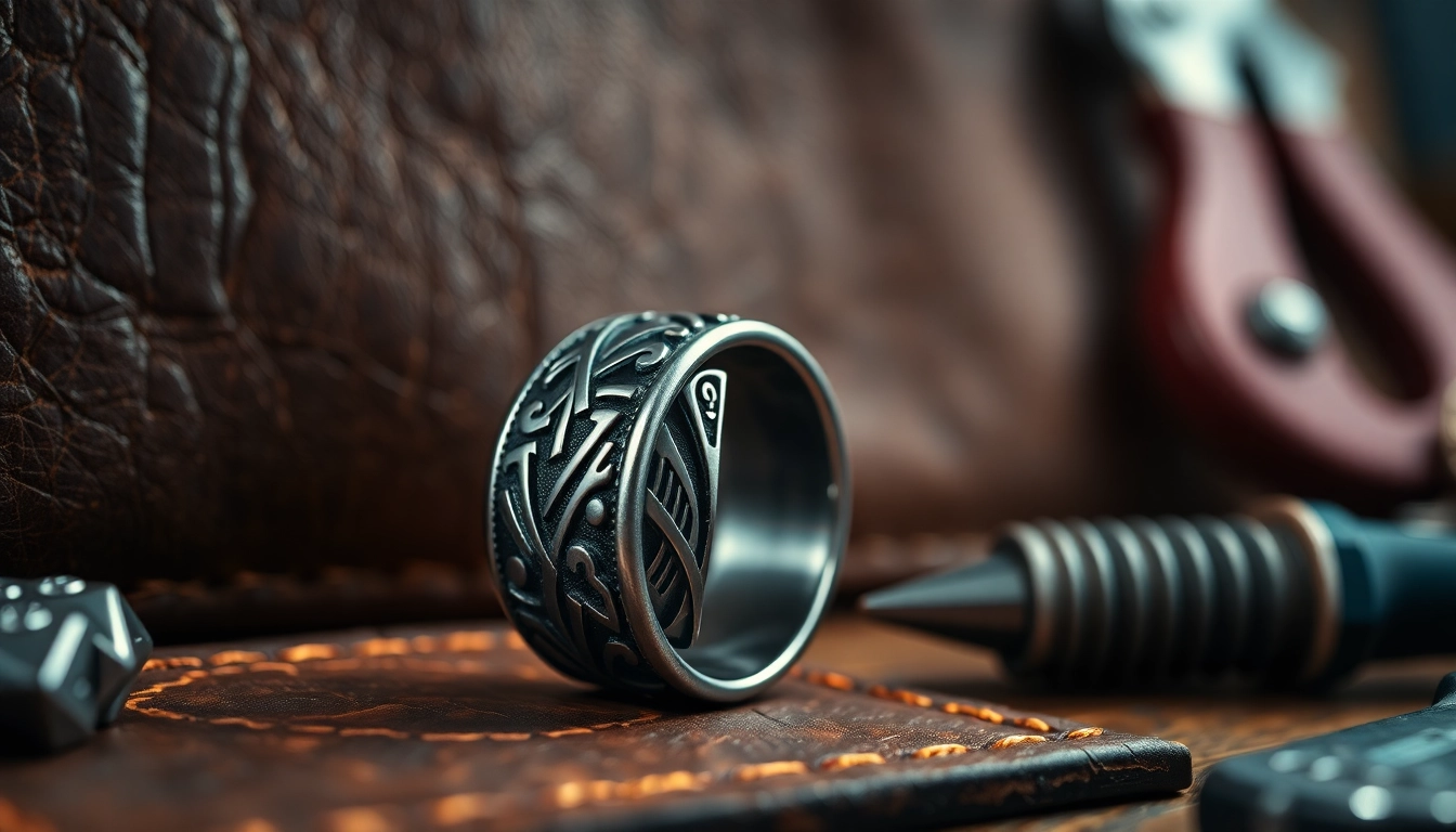 Biker ring mit einzigartigem Design auf einem rauen Lederhintergrund.