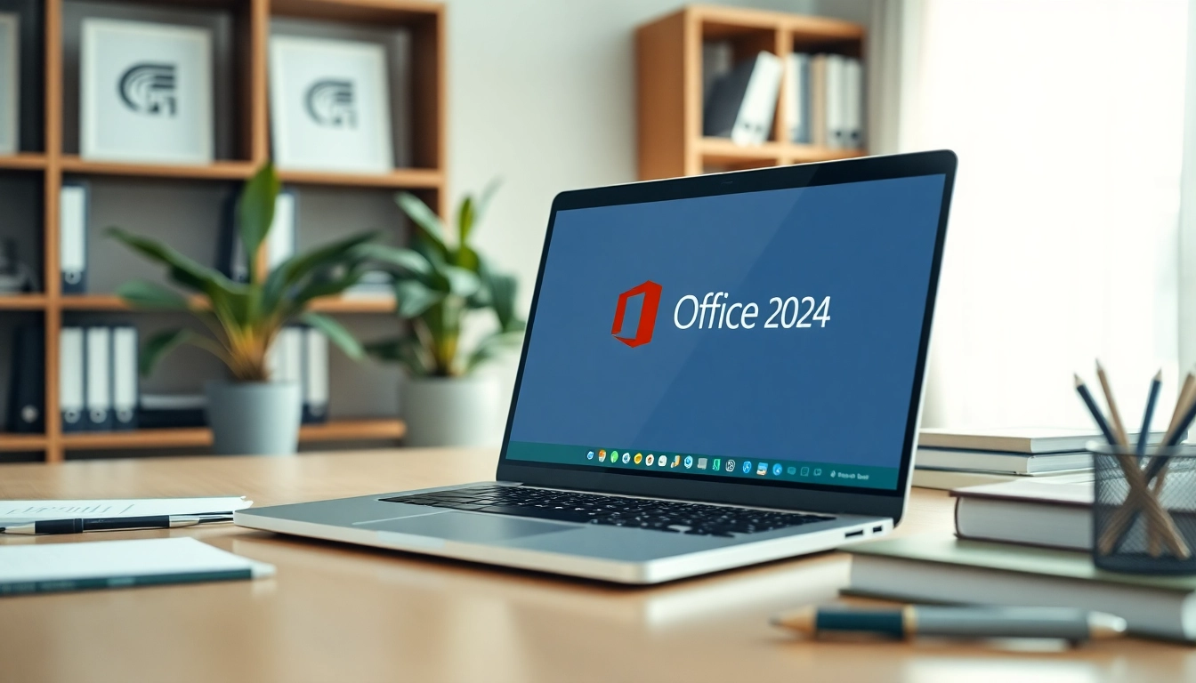 Details of Office 2024 Pro Plus Original Lizenz sichtbar auf einem modernen Laptop in einem eleganten Büro.